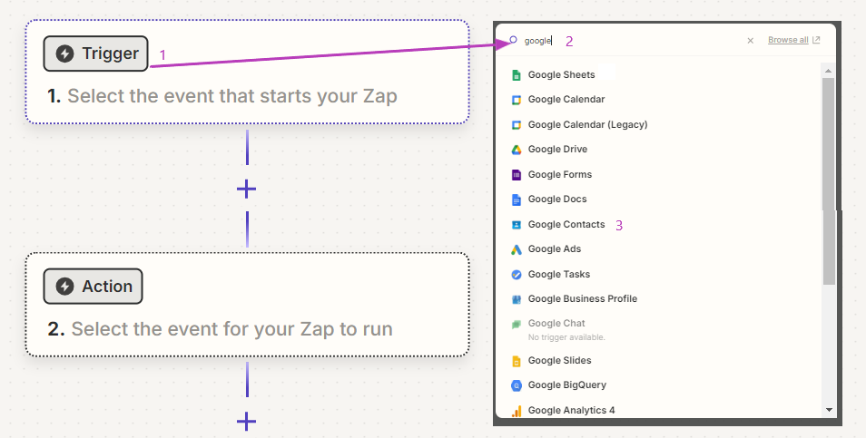 Zapire - Select a trigger - Google contact