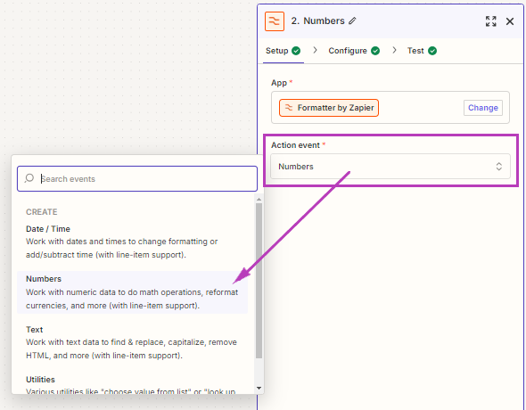 Zapier - add an action - Formatter2