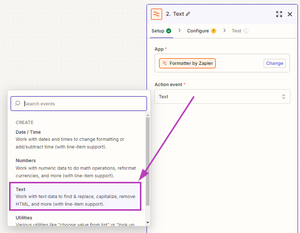 Zapier - add an action - Formatter4
