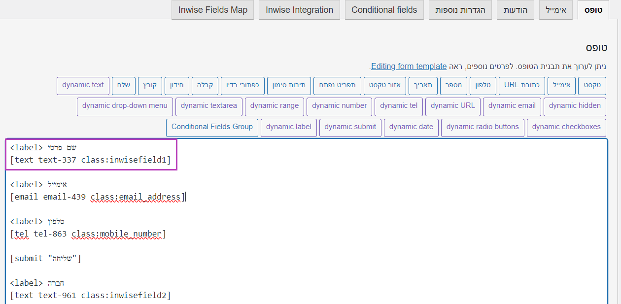 מיפוי שדות inwise 2 עם contact form 7